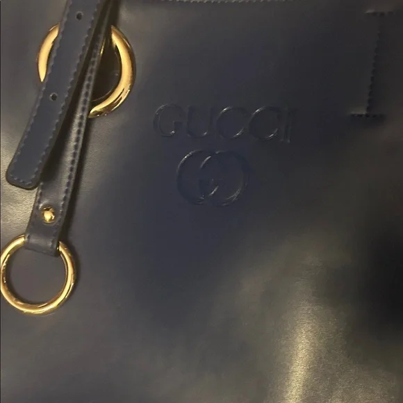Gucci Navy Leather Tote with Gold Accents - Picture 5 of 5